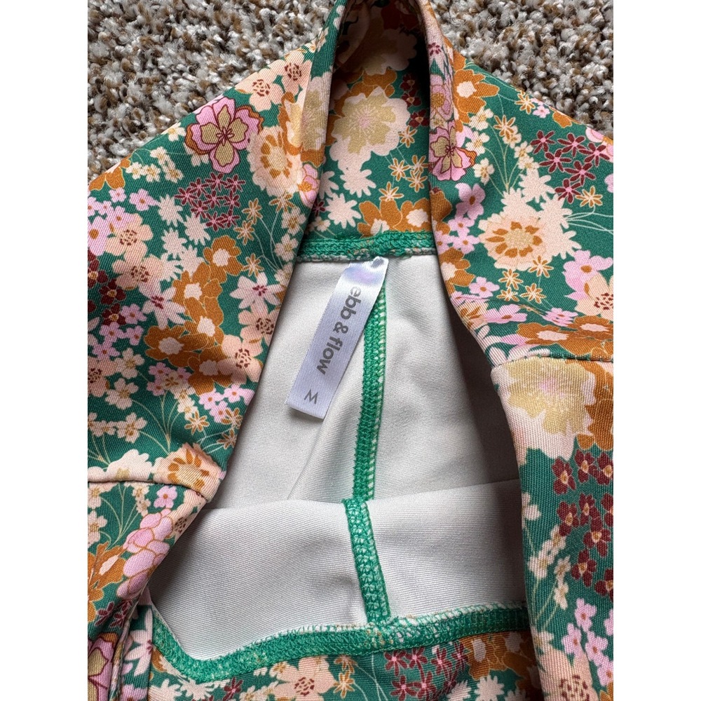 ebb & flow Biker Shorts Medium Green Pink Floral High Waist Pockets Athleisure - Picture 3 of 5